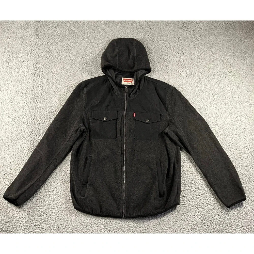 Levis Fleece Hoodie Men L Charcoal Grey Full‎ Zip Nylon Overlay Jacket Outdoor